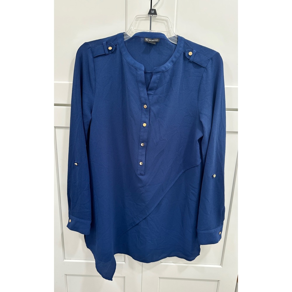 New Directions Womens Navy Blue Roll Tab Sleeve Tunic Blouse Gold Buttons Small